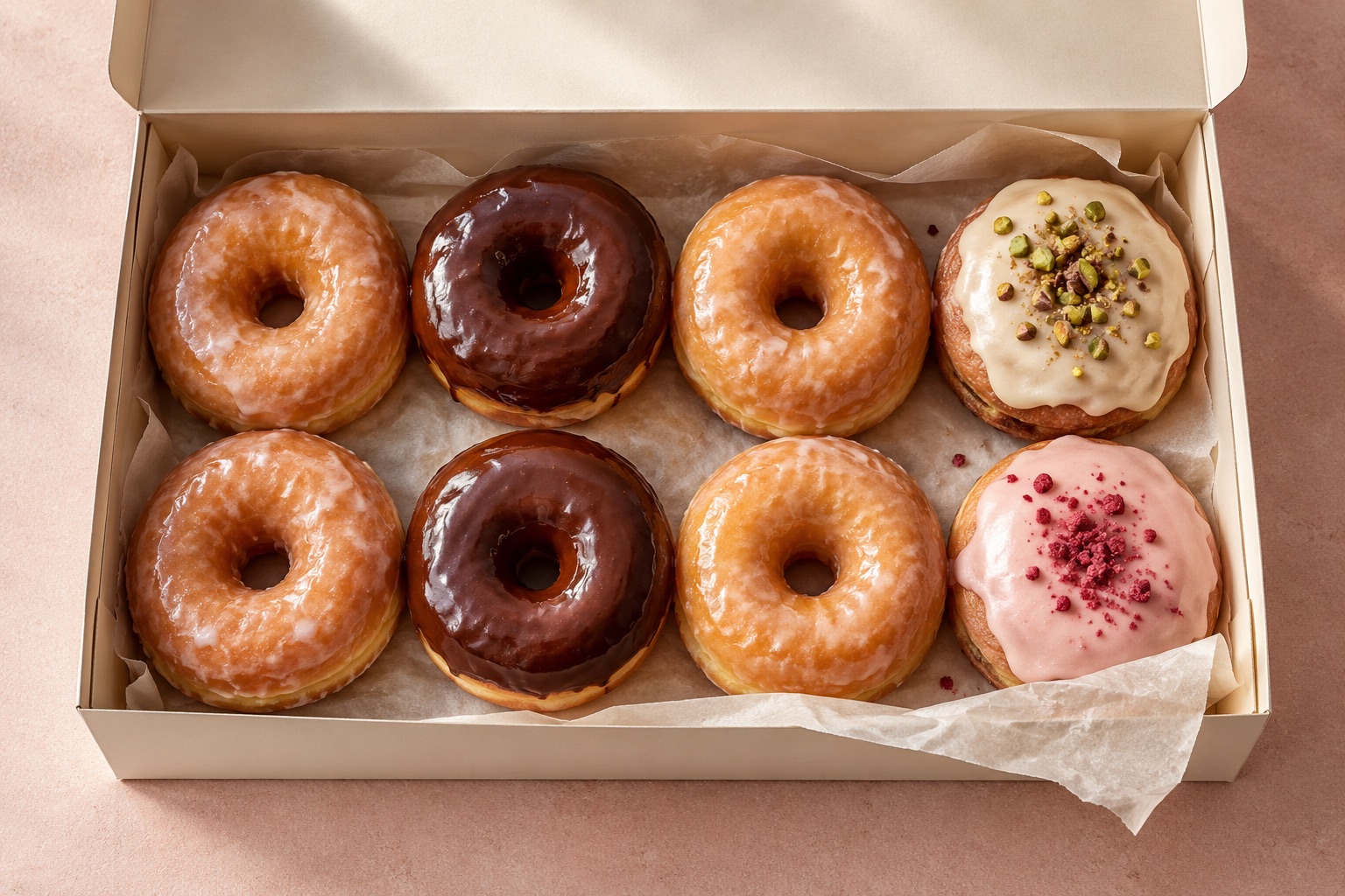 Illustrative AI study of a box of doughnuts; not the bakery’s actual products